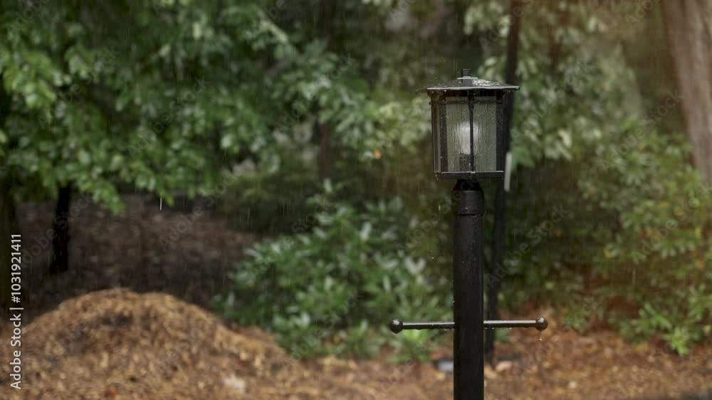Shaky look at rain falling on a driveway lamp post. Shaky look at rain falling on a driveway lamp post.