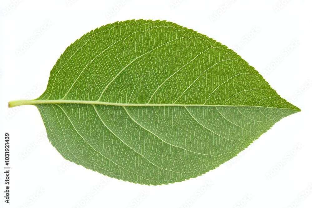 A single, fresh green apple leaf, with veins clearly visible, isolated on a white background A single, fresh green apple leaf, with veins clearly visible, isolated on a white background