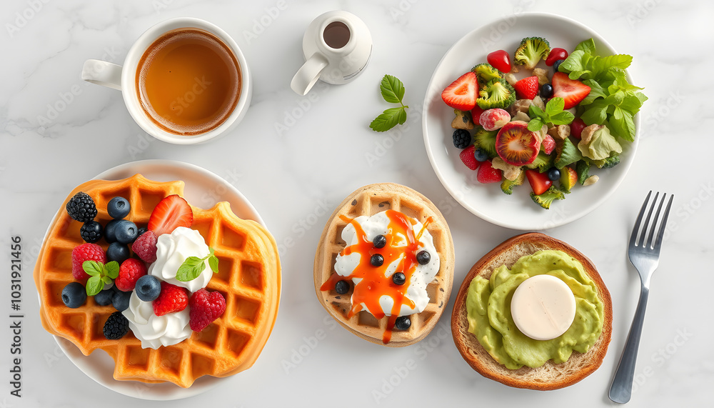 Morning breakfast on a table above, waffles with cream, berries, coffee, cappuccino, bowl, omlet with vegetables, bread with butter, avocado cream, vegan food, healthy food, meal isolated with white Morning breakfast on a table above, waffles with cream, berries, coffee, cappuccino, bowl, omlet with vegetables, bread with butter, avocado cream, vegan food, healthy food, meal isolated with white