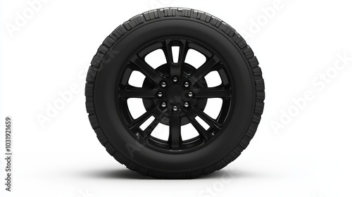 Black radial automobile or automotive tire isolated on a white background. Equipped with a modern asymmetric tread pattern, this type of tire is used on all types of passenger vehicles. 