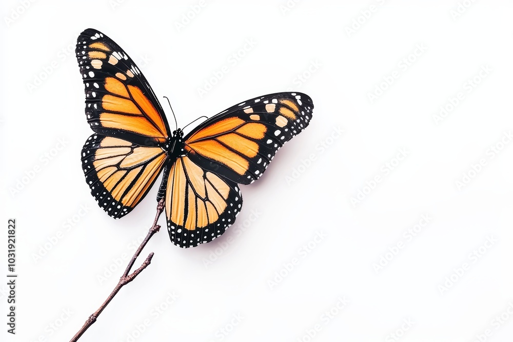 A single monarch butterfly perched on a twig, its orange wings vivid against the white background A single monarch butterfly perched on a twig, its orange wings vivid against the white background