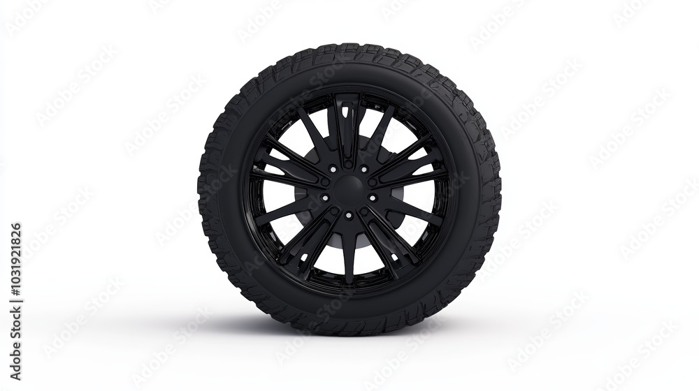Black radial automobile or automotive tire isolated on a white background. Equipped with a modern asymmetric tread pattern, this type of tire is used on all types of passenger vehicles. 