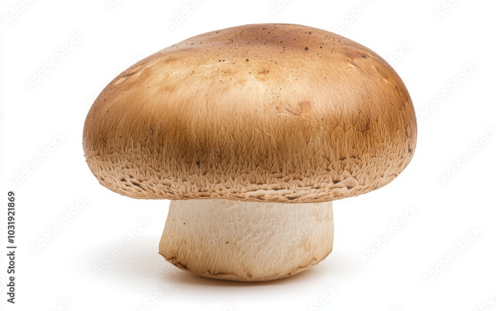 A single mushroom with a smooth cap and textured stem, isolated on a clean white background A single mushroom with a smooth cap and textured stem, isolated on a clean white background