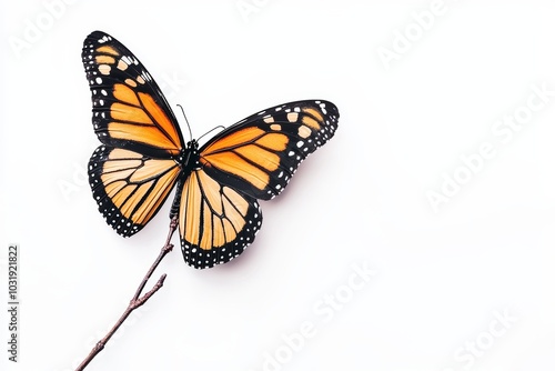 A single monarch butterfly perched on a twig, its orange wings vivid against the white background