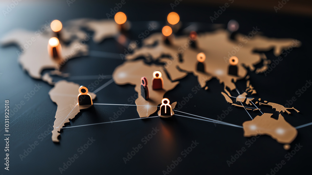 Global connectivity represented by a wooden world map with markers and data lines. Global connectivity represented by a wooden world map with markers and data lines.