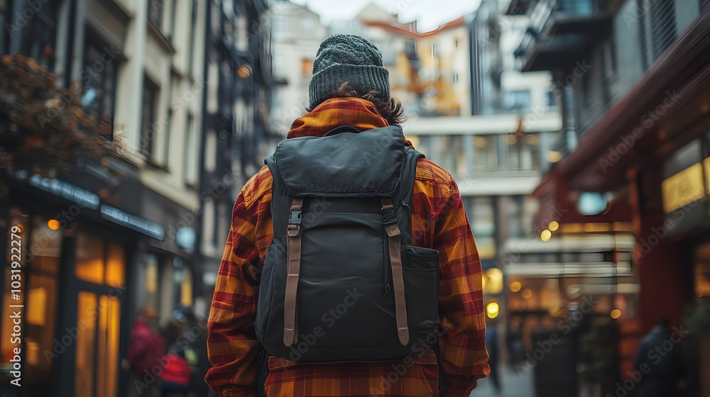 Back view of a man with a backpack walking in the city Back view of a man with a backpack walking in the city