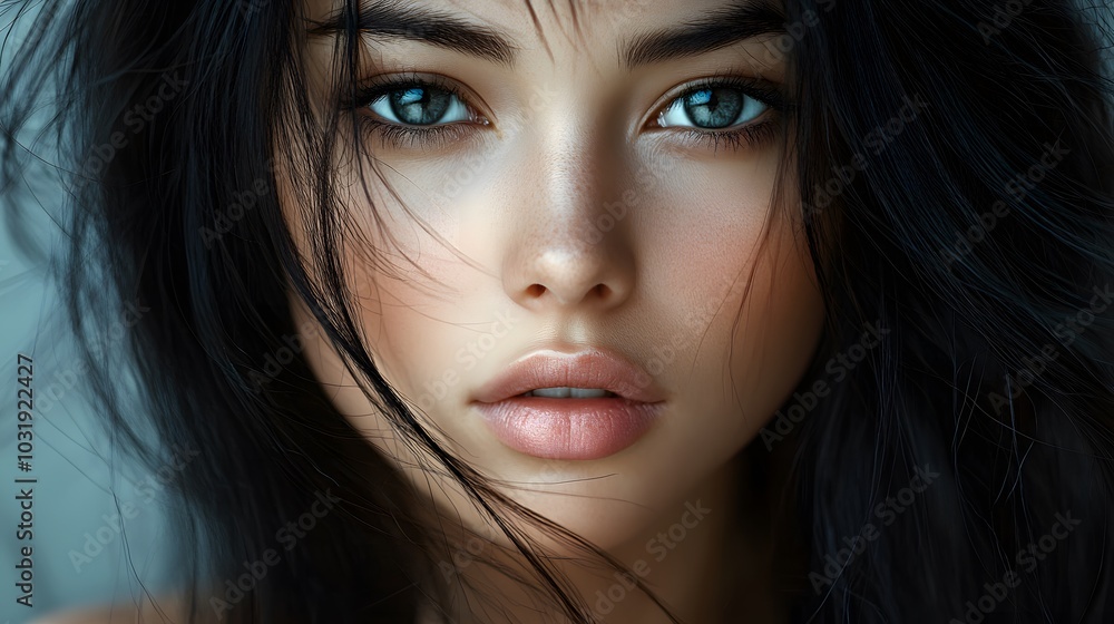Portrait of a young woman with black hair and blue eyes Portrait of a young woman with black hair and blue eyes