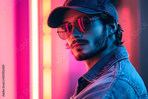 Creative portrait of a young man in sunglasses with neon lighting