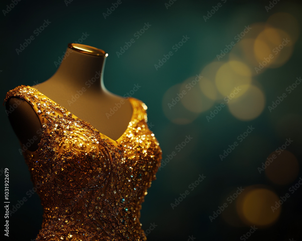Fototapeta premium Golden sequined dress on mannequin with bokeh background