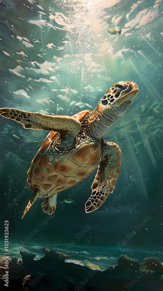 Obraz premium A mesmerizing image beautifully depicts the serene marine life, with a sea turtle gracefully swimming in sunlit waters, capturing the essence of the peaceful oceanic world