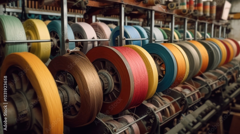 Colorful Threads Winding on Spools in a Textile Factory Colorful Threads Winding on Spools in a Textile Factory