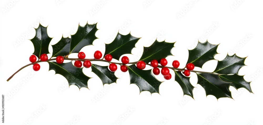 Fototapeta premium A sprig of holly with bright red berries and dark green, spiked leaves, isolated on a white background