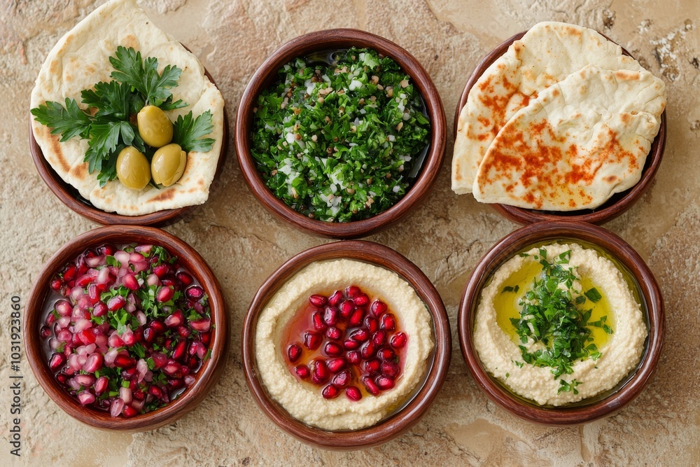 flat lay of small plates with colorful dishes like hummus, tabbouleh, baba ganoush, olives, and pita bread flat lay of small plates with colorful dishes like hummus, tabbouleh, baba ganoush, olives, and pita bread