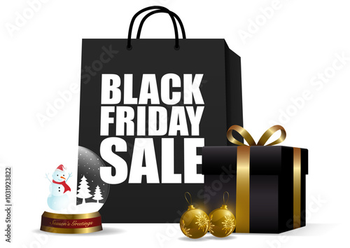 Black shopping bag, golden snow globe, black gift box and Christmas ornaments set against a white background for Black Friday design element