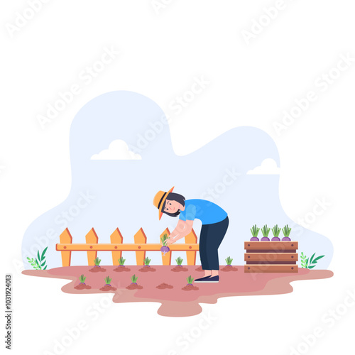 Female farmer harvesting beetroot on allotment while kneeling on the ground