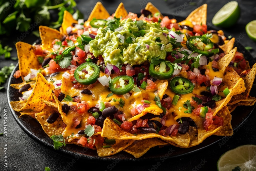 Lay out a large platter of nachos topped with colorful ingredients like melted cheese, guacamole, salsa, and jalapenos Lay out a large platter of nachos topped with colorful ingredients like melted cheese, guacamole, salsa, and jalapenos