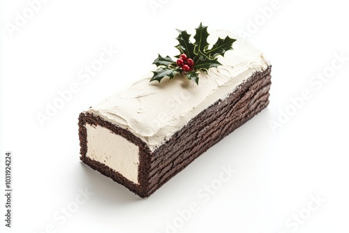 A traditional yule log cake topped with holly leaves, detailed and realistic, isolated on a white background photo