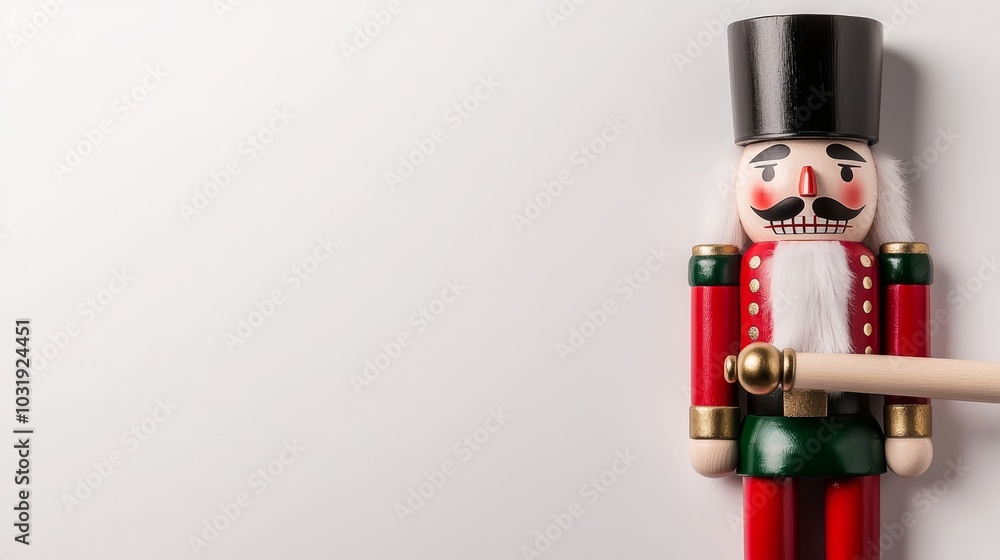 Obraz premium A wooden nutcracker soldier dressed in red and green, isolated on a clean white background