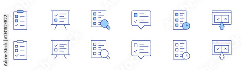 Survey icon set in two styles, Duotone and Thin Line style. Editable stroke. clipboard, survey, search survey, online survey