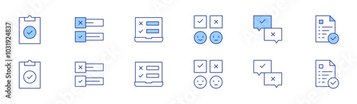 Survey icon set in two styles, Duotone and Thin Line style. Editable stroke. survey, task, poll, statistics, compliance