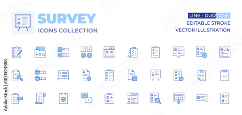 Survey icons collection. Line Duotone style, editable stroke. checklist, clipboard, feedback, question, survey, task, poll, search survey, statistics, compliance, online survey, document, faq