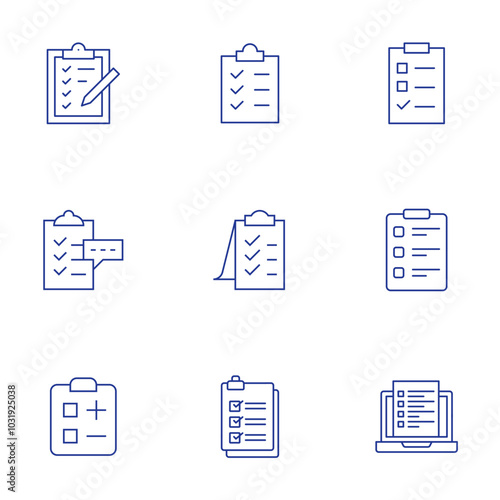 Survey icons set. Thin Line style, editable stroke. checklist, clipboard, feedback, list, online survey