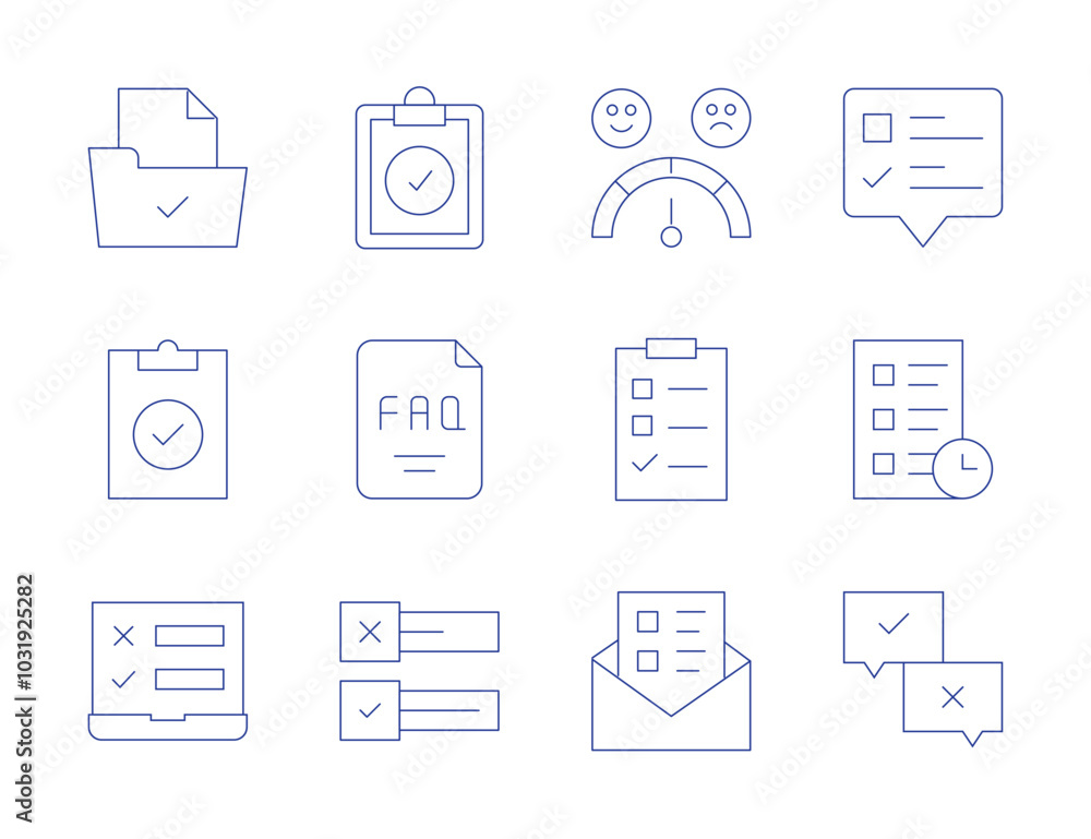 Survey icons. Thin Line style, editable stroke. result, satisfaction, clipboard, task, faq, poll, statistics, survey Survey icons. Thin Line style, editable stroke. result, satisfaction, clipboard, task, faq, poll, statistics, survey