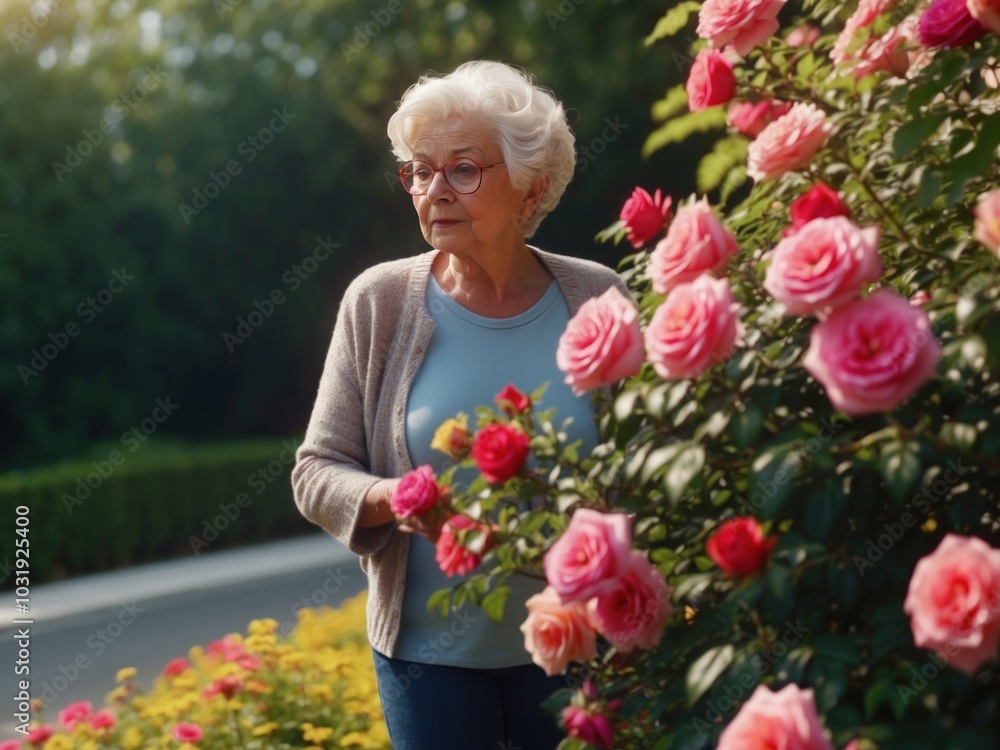 Elderly woman admiring beautiful bushes with colorful roses. AI Generative Elderly woman admiring beautiful bushes with colorful roses. AI Generative