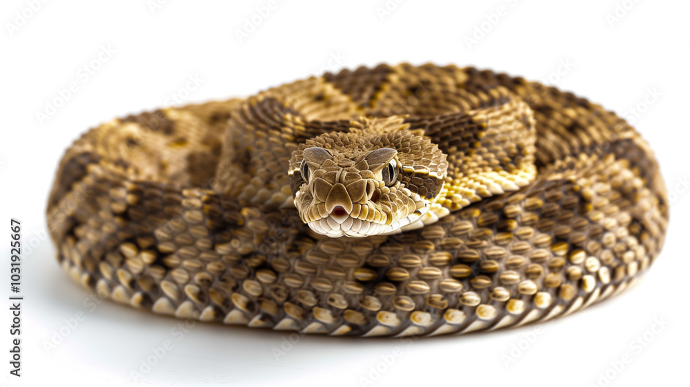 Close-up of coiled rattlesnake with detailed scales on white background Close-up of coiled rattlesnake with detailed scales on white background