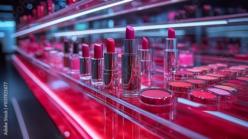 Contemporary beauty showcase featuring array of vibrant lipsticks palettes on transparent glass displays illuminated by soft ambient lighting highlighting the details of each cosmetic product photo