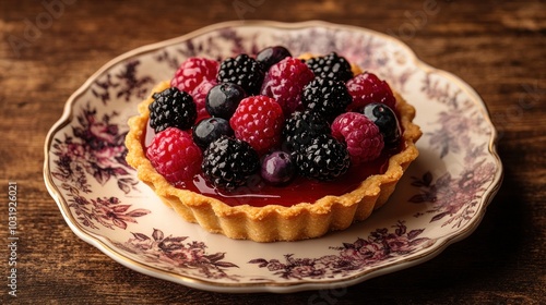 A single berry tart with raspberries, blackberries, and blueberries on a floral patterned plate.