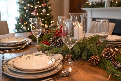 beautifully decorated holiday dining table, set with elegant plates, glasses, and candles