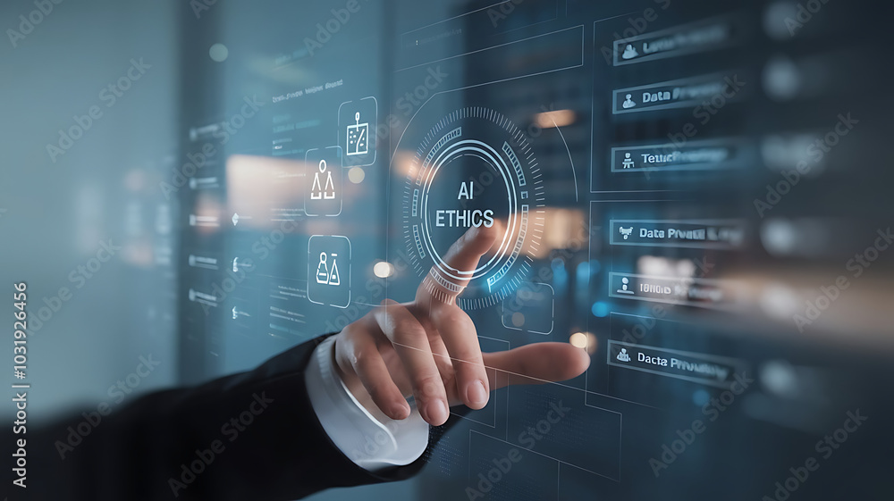 Businessman touching virtual AI ethics icon. AI ethics, Artificial intelligence law, AI ethics, or AI law concept. Businessman touching virtual AI ethics icon. AI ethics, Artificial intelligence law, AI ethics, or AI law concept.