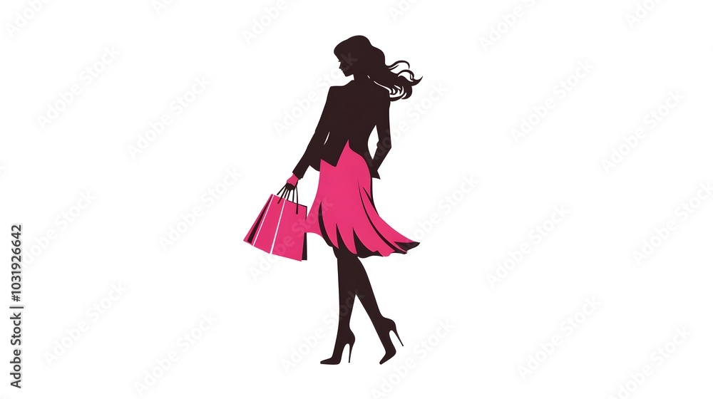 Art of an elegant woman in a pink dress and black jacket, holding shopping bags and walking in high heels on a white background Art of an elegant woman in a pink dress and black jacket, holding shopping bags and walking in high heels on a white background
