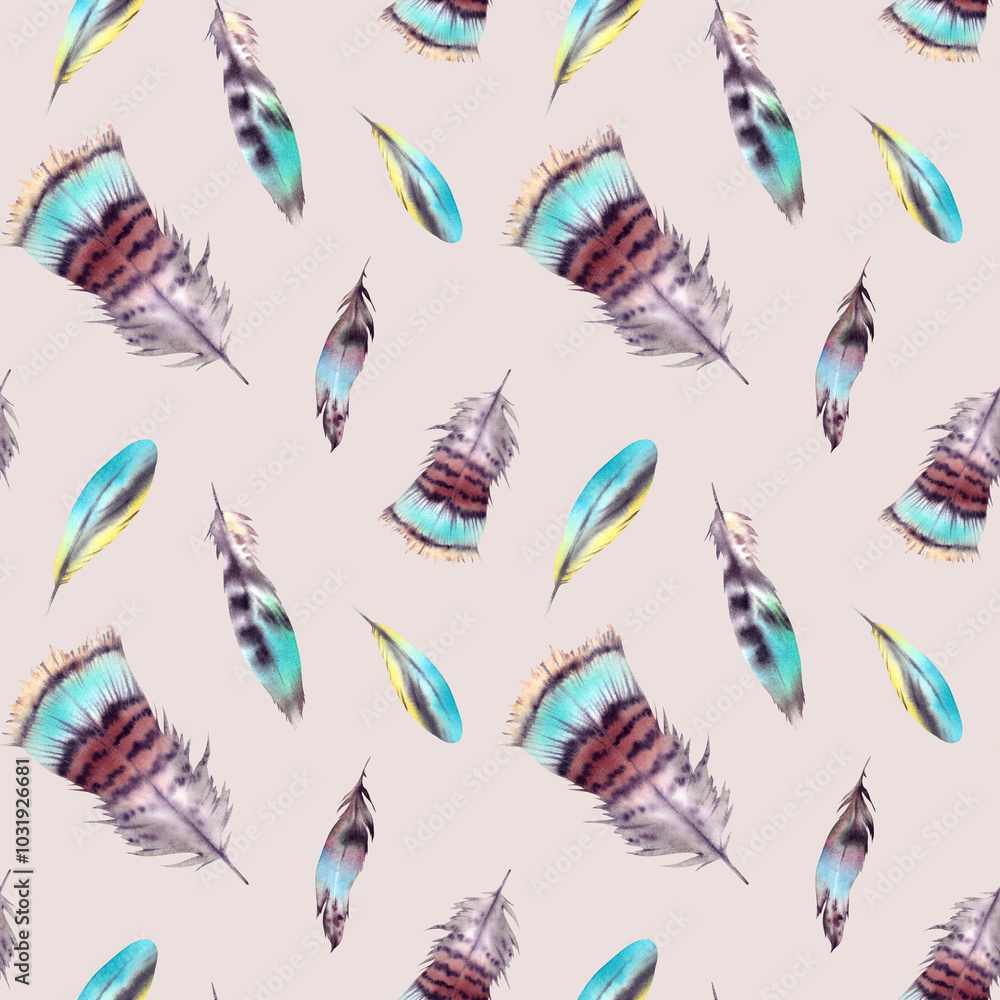Fototapeta premium Seamless feather pattern. The illustration is hand-painted, executed in watercolor. A beautiful bright multicolored Phoenix bird feather on a beige background. Asian, Indian, Native American ornament