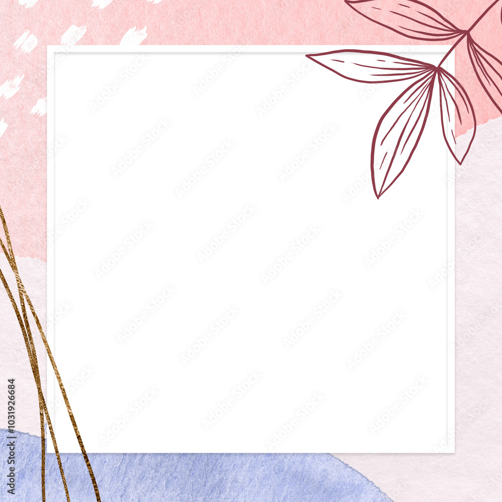 Obraz premium Rectangle frame on Memphis pattern with leaves background