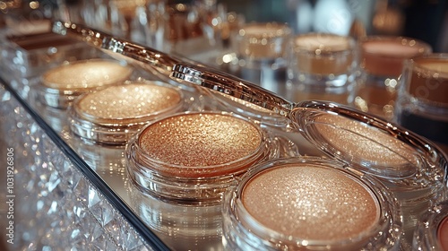 Glamorous makeup display sparkling gold accents highlighting collection of glowing highlighters shimmering powders Makeup closeup display on a crystalencrusted surface photo