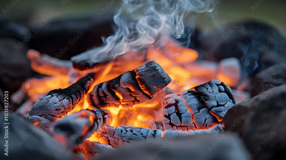 Burning Embers and Smoke in a Campfire Close up Burning Embers and Smoke in a Campfire Close up