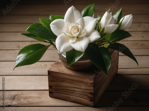 fresh white gardenia flower and wooden box. AI Generative photo