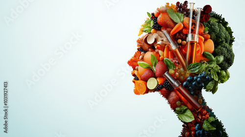 A silhouette of a woman's profile filled with various fruits and vegetables, symbolizing health, wellness, and nutrition.