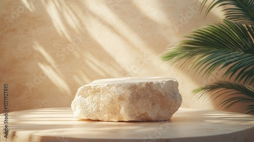 Natural Stone on Wooden Surface with Green Leaves