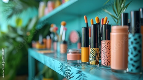 Tropical Vibes Lively Makeup Display Featuring Bright Colors Against Vivid Green Background Showcasing Colorful Eyeliners Eyeshadows photo