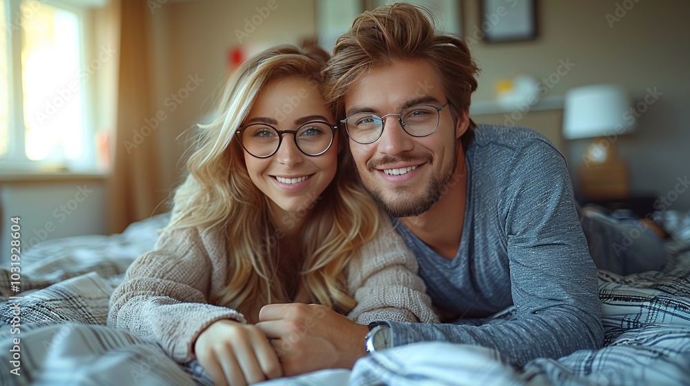 A cheerful couple poses together, smiling while lying on a bed, showcasing a cozy atmosphere. A cheerful couple poses together, smiling while lying on a bed, showcasing a cozy atmosphere.