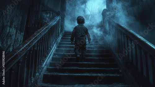 A frightening ghostly child with pale skin and a vacant stare, standing at the top of a dark staircase in an old haunted house, the air thick with an unnatural chill.