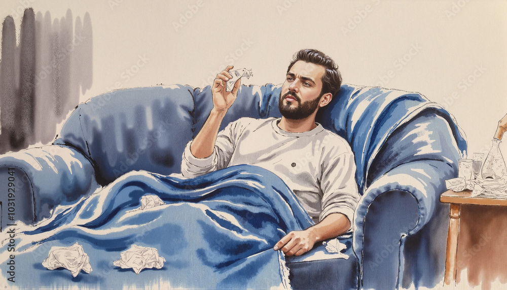 Fototapeta premium Sick man sitting on blue couch wrapped in blanket, holding crumpled tissue with tired expression 