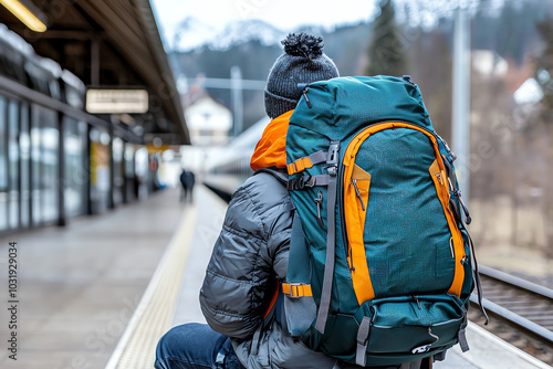 Traveler resting with a backpack at station