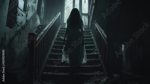 In the dim light of a decaying haunted house, a frightening child ghost in a torn dress hovers near the staircase, her hollow eyes emitting a faint glow as surrounding shadows writhe unsettlingly. photo