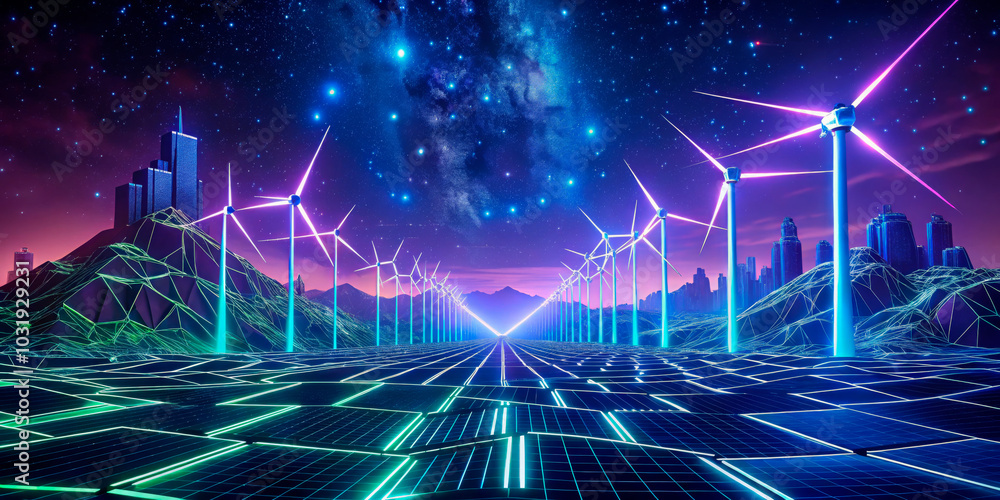 Futuristic wind turbines and solar panels in a vibrant, digital landscape with cityscape in the background. Represents renewable energy, technology, and sustainable urban development. Ideal for eco-bu Futuristic wind turbines and solar panels in a vibrant, digital landscape with cityscape in the background. Represents renewable energy, technology, and sustainable urban development. Ideal for eco-bu