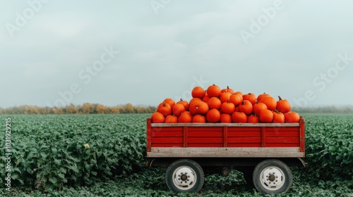 Abundant pumpkins in a rustic wagon on a farm