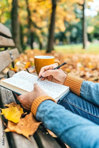 Writing in a notebook with a warm drink.